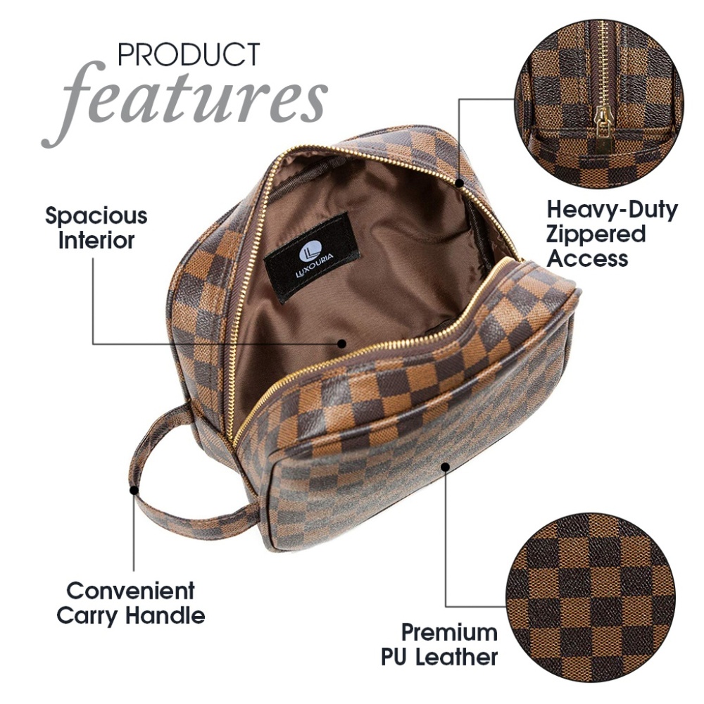 Luxouria Leather Checkered Makeup Bag (Brown) - Picture 4 of 6